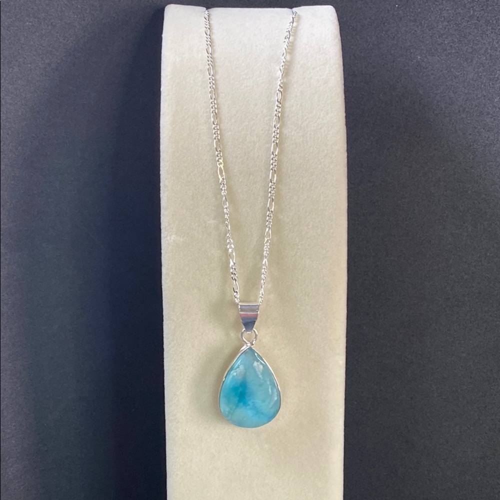 Elegant Authentic Larimar teardrop pendant with 16” Italian SS Figaro chain